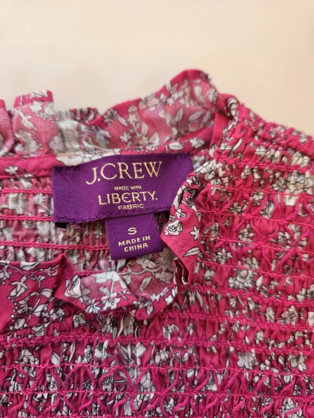 J. Crew Liberty Pink Floral Smocked Ruffle-Neck Blouse - Small